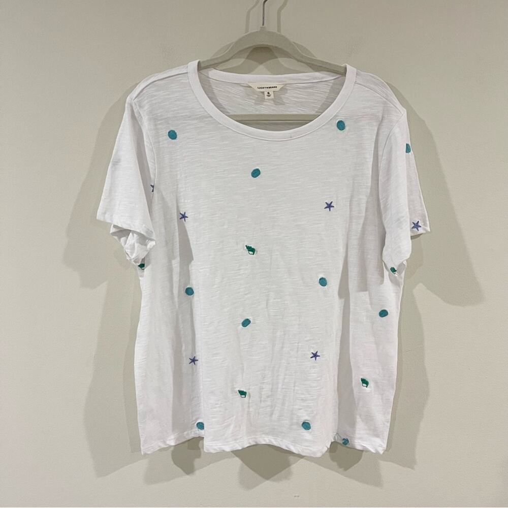 Lucky Brand Cotton T-shirt With Embroidered Sea Shells Woman’s size XL White